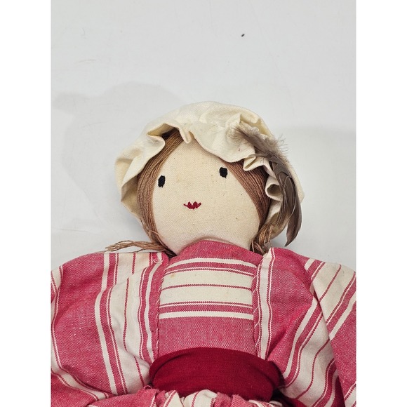 VINTAGE Handmade Ragdoll Folk Art Doll Red Striped Dress White Trousers 15.5" - Picture 2 of 7